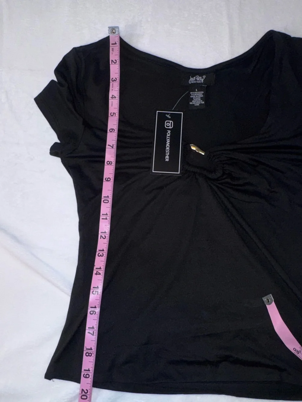 Just Polly Black Ruched Ring Front Stretch Top NWT Large - Picture 9 of 10